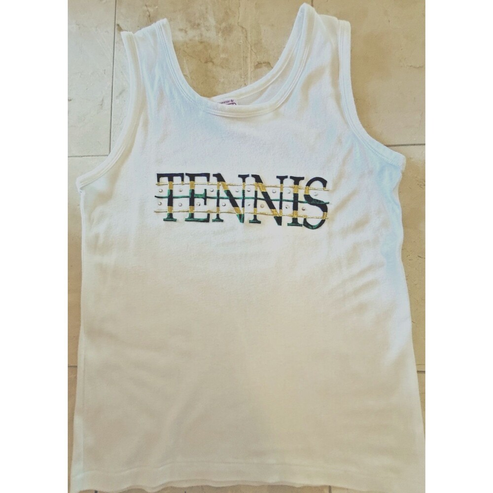NATALIE Tank Tennis Top White + Green and Navy Embroidered Lettering Size M